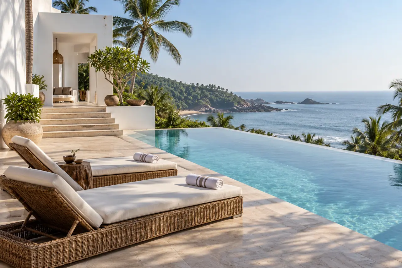 Sea-facing pool and loungers at a white coastal villa
